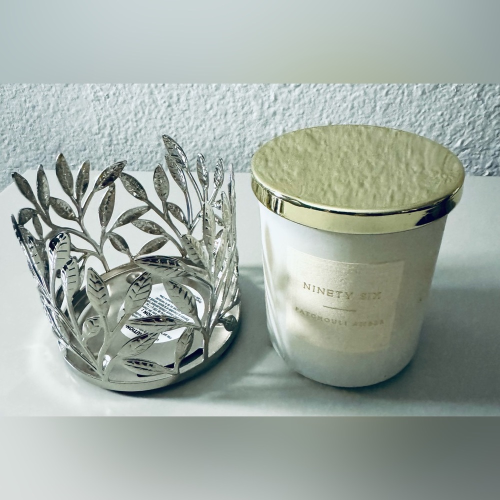 NWT. Patchouli & Amber Candle with Candle holder (Bath & Body Works).